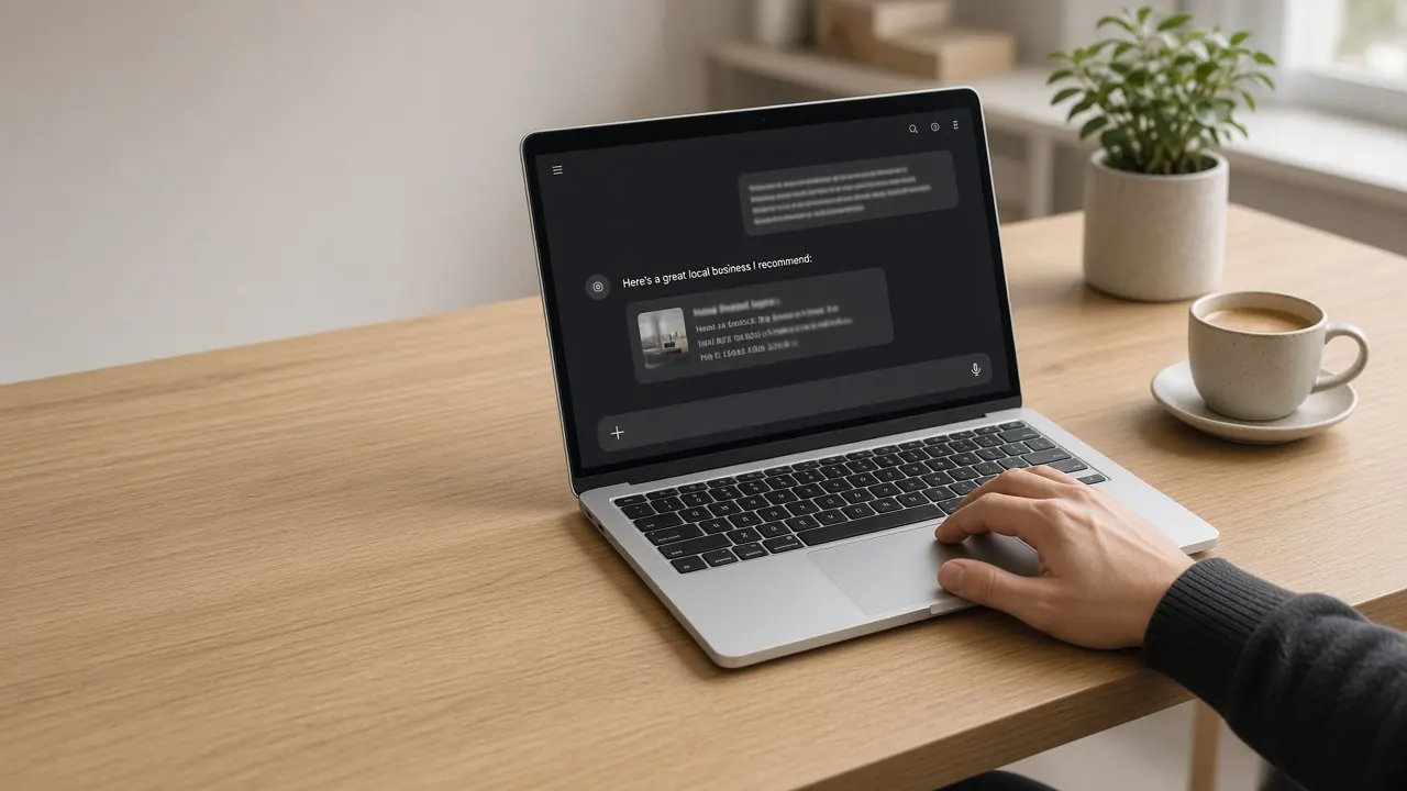 Illustration of an AI search assistant on a laptop; not a live answer