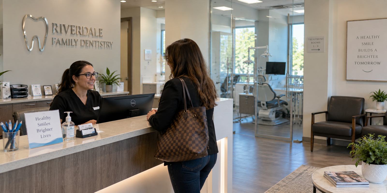 Patient checking in at a modern dental office reception
