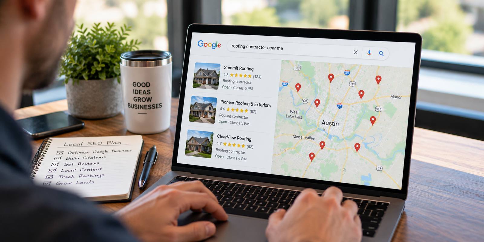 Local map search results showing nearby businesses