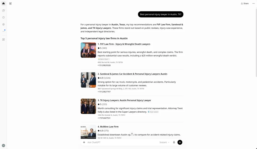 ChatGPT answer to Best personal injury lawyer in Austin, TX?, captured October 14, 2026