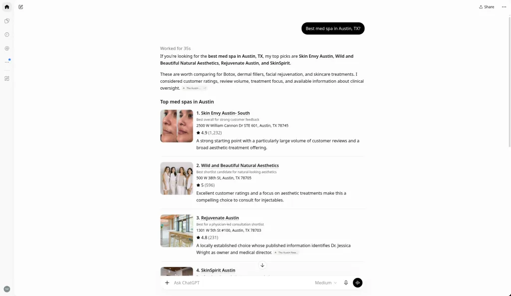 ChatGPT answer to Best med spa in Austin, TX?, captured October 14, 2026