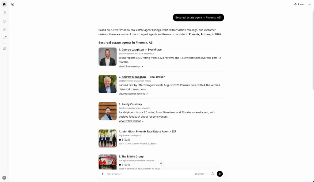 ChatGPT answer to Best real estate agent in Phoenix, AZ?, captured October 14, 2026