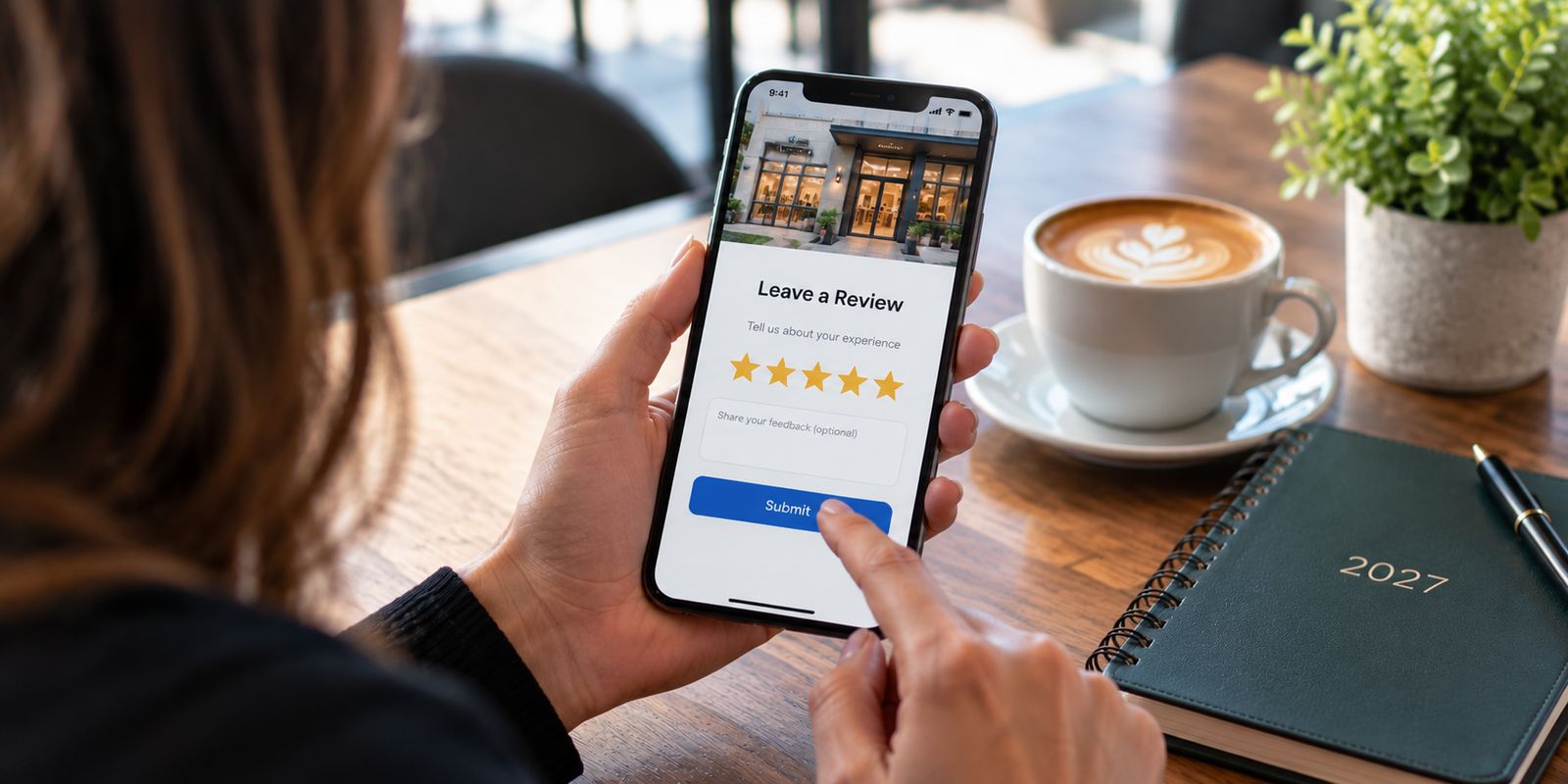 Customer leaving a five-star review on a phone
