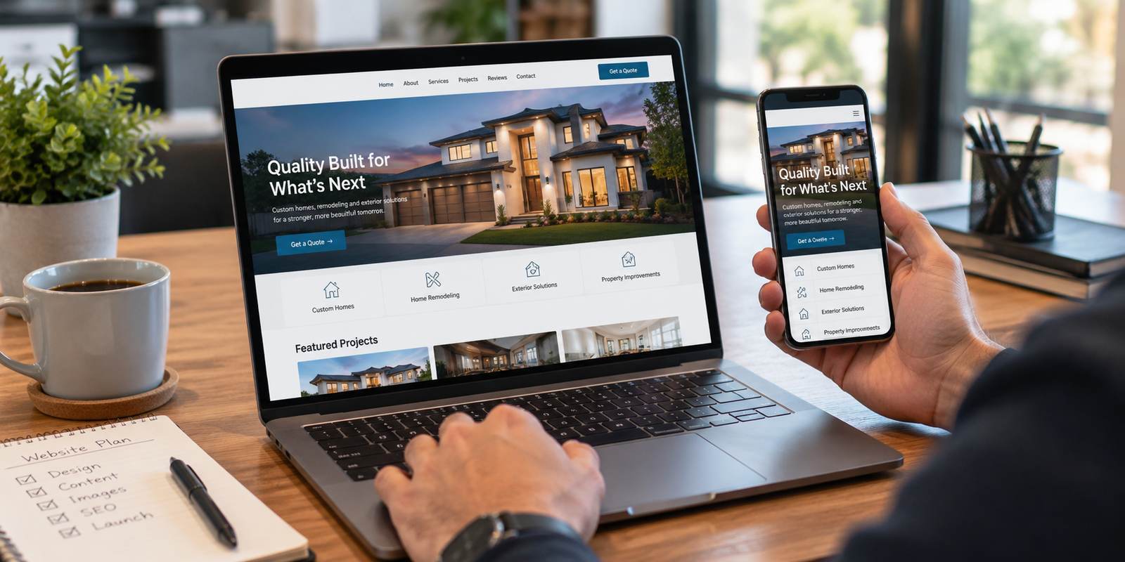 Responsive small business website shown on a laptop and phone