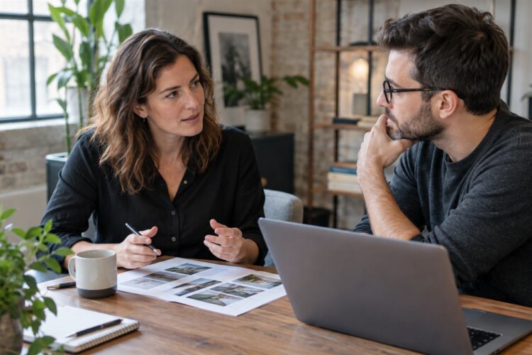 Business owner meeting a web development consultant to review a proposal