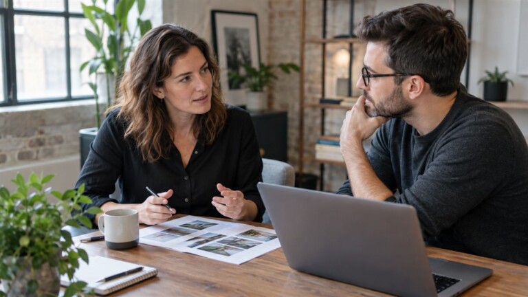 Business owner meeting a web development consultant to review a proposal