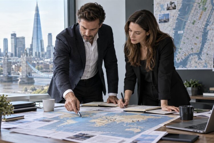 International business team planning US and UK market expansion