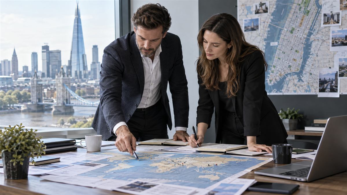 International business team planning US and UK market expansion