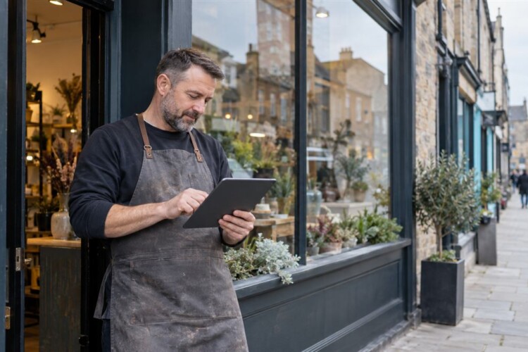 Local shop owner updating business information on a tablet