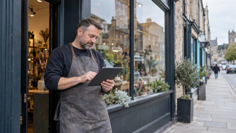 Local shop owner updating business information on a tablet