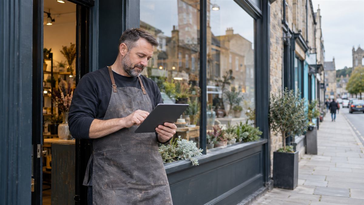 Local shop owner updating business information on a tablet