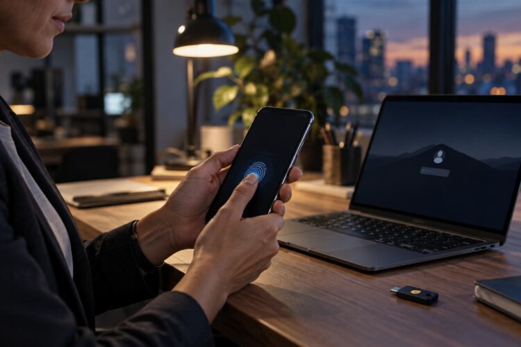 Business owner using secure fingerprint authentication and a passkey