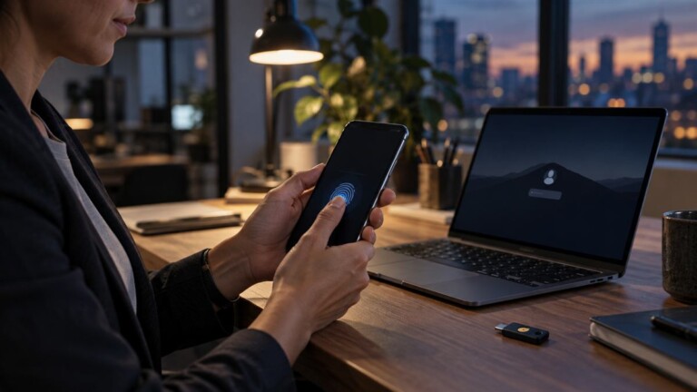 Business owner using secure fingerprint authentication and a passkey