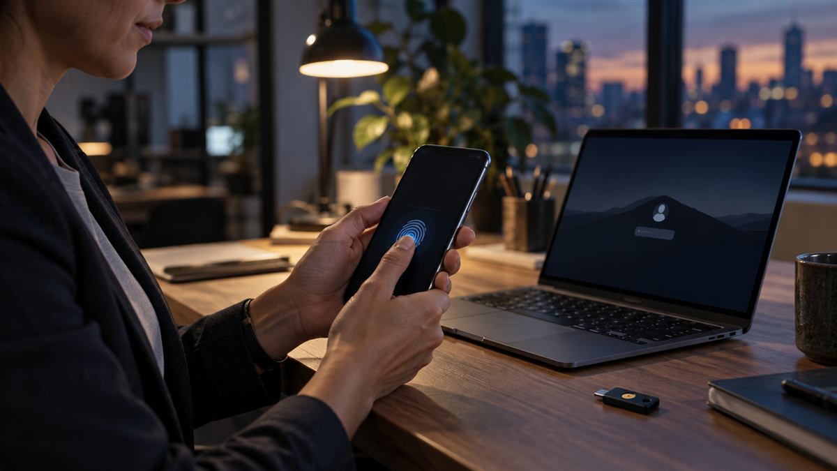 Business owner using secure fingerprint authentication and a passkey