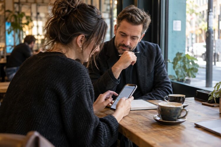 Business professionals discussing a mobile search result in a cafe