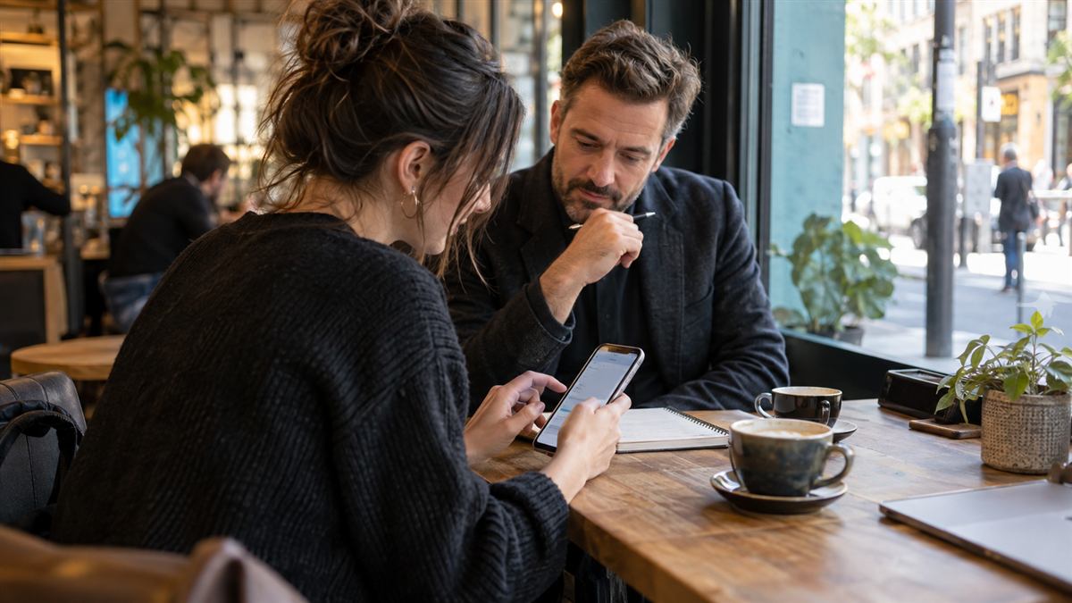 Business professionals discussing a mobile search result in a cafe