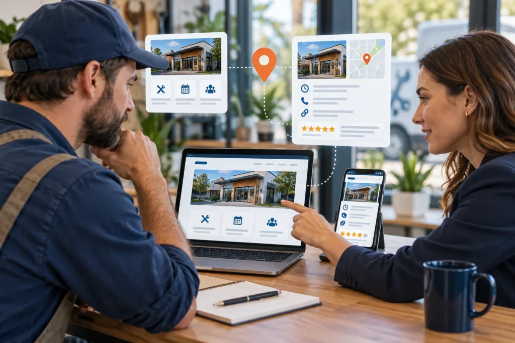 Local business owner and strategist aligning location and service information across website devices