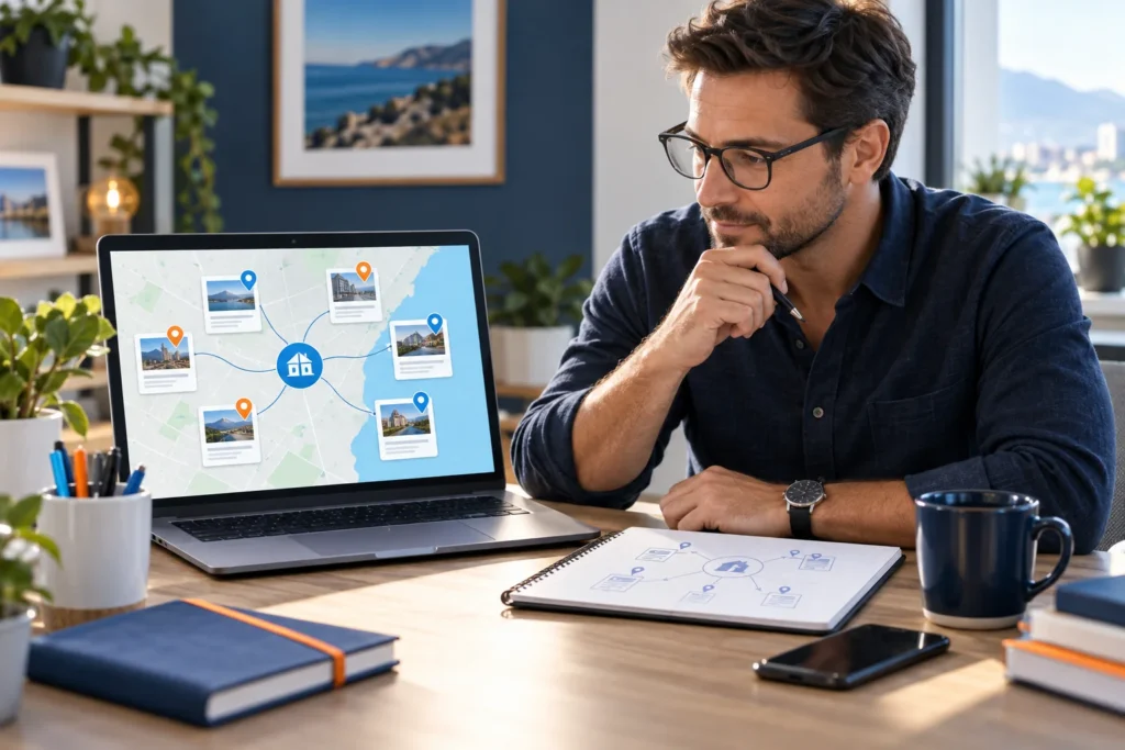 Web strategist planning useful regional service pages on a map-based website