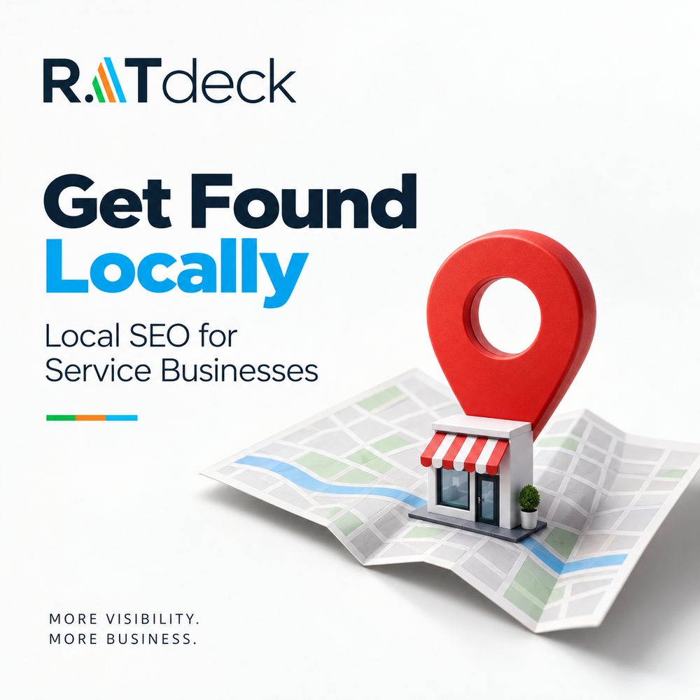 RATdeck illustration: Get Found Locally — Local SEO for service businesses with a map pin and shopfront